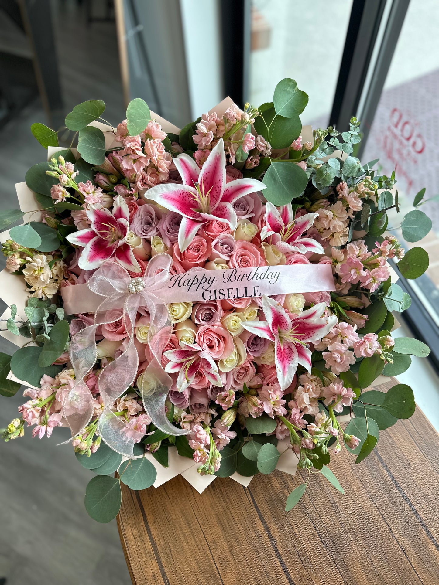 75 pink and white roses+floral lily mix