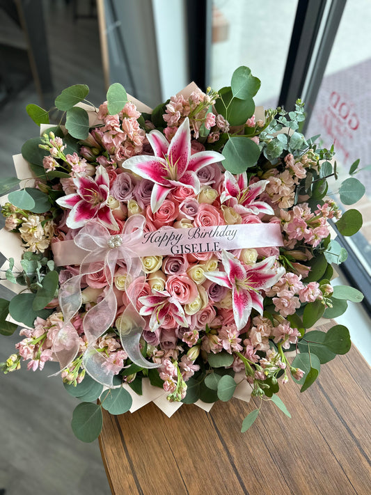 75 pink and white roses+floral lily mix