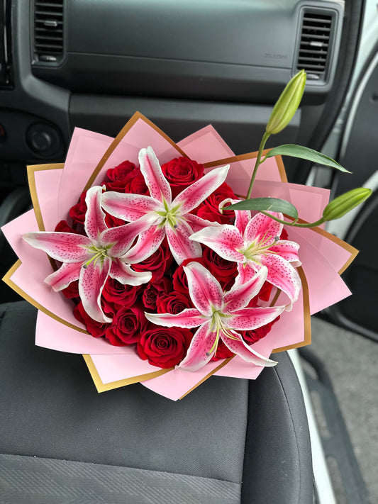 25 Red Roses and Lilies Bouquet