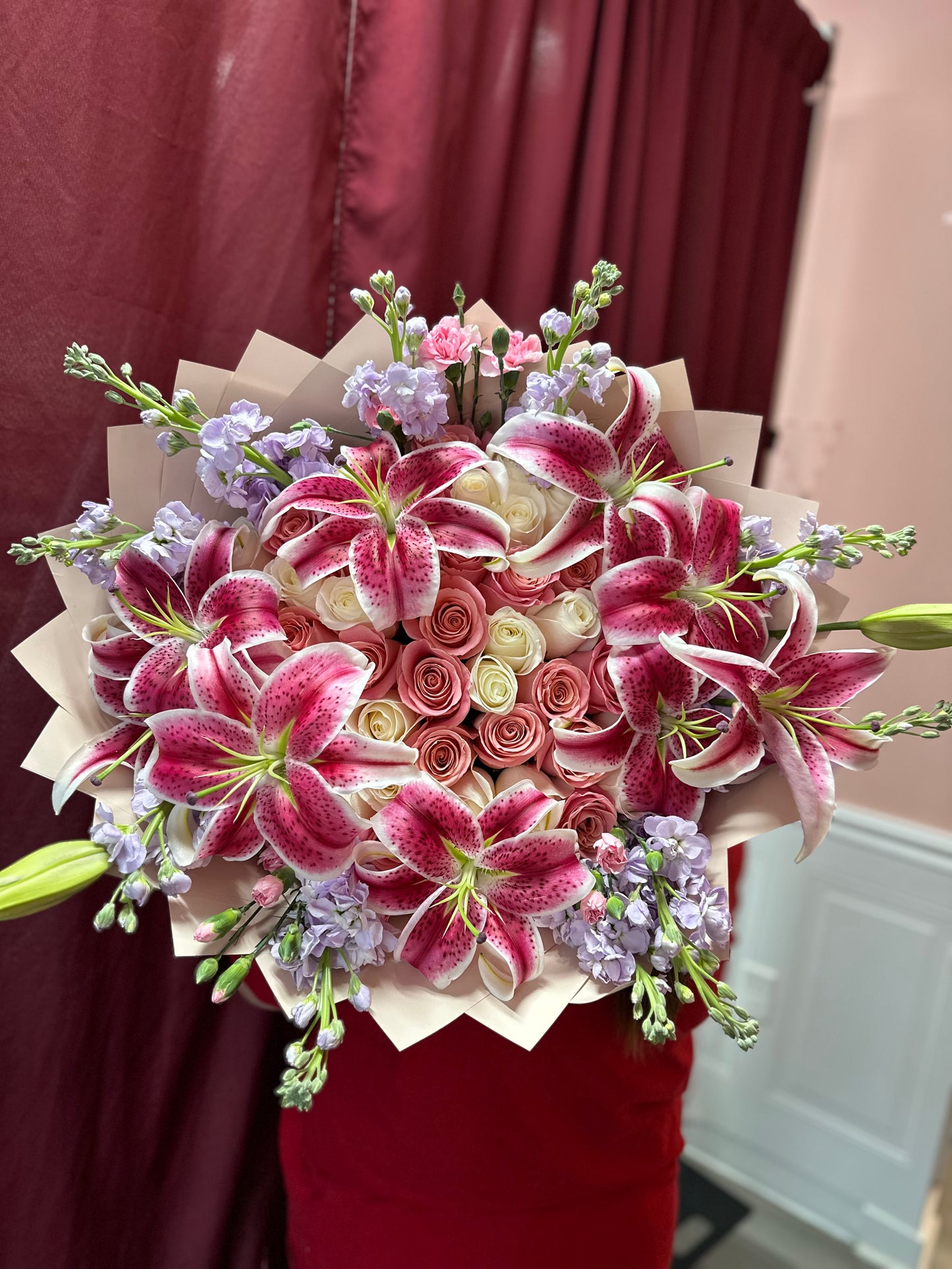 pink and white lily bouquet 50 Pink & White Roses Lily Bouquet